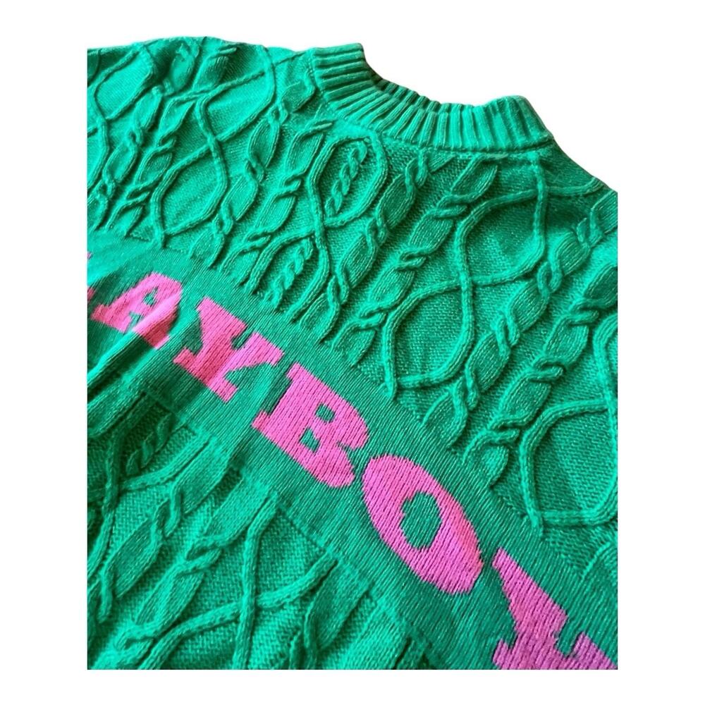 Playboy x Missguided Cropped Sweater Green Pink Logo Womens Small Knit